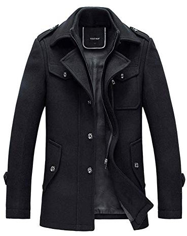 YOUTHUP Mens Wool Coats Casual Thick Short Winter Trench Coat Regular Fit Peacoat with Detachable Inner Collar, Black-thin, L