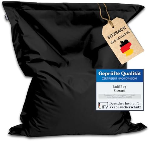 BuBiBag Riesen Sitzsack XXL mit Füllung, Outdoor Sitzsäcke für Kinder und Erwachsene, Beanbag mit waschbarem Bezug & über 3 Mio. EPS-Perlen (Schwarz 190x145cm)