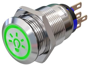 Metzler - Druckschalter 19mm - LED Symbol Licht 230 V Grün - IP67 IK10 - Edelstahl - Flach - Lötkontakte