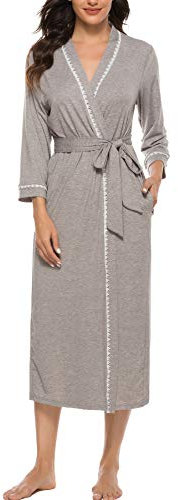Vlazom Womens Dressing Gown Soft Kimono Robe V-Neck Long Knit Bathrobe Nightwear Sleepwear for All Seasons, Grey, XL