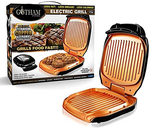 VENTEO Gotham Grill Elettrico Low Fat Grill con rivestimento antiaderente Ceramica Rame e Titanio Vassoio Recuperatore - Colore Nero - Senza PTFE, PFOA e PFOS