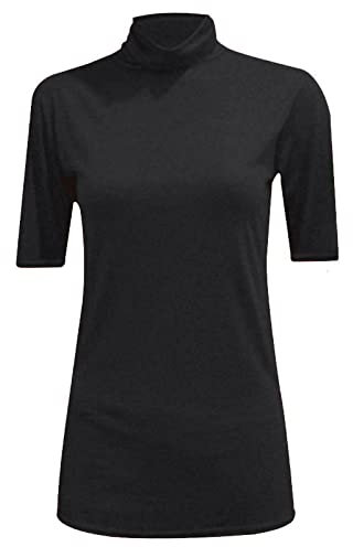 STAR FASHION Women/Ladies Turtle Polo High Roll Neck Causal Vest Top ¾ Short Sleeve Plain Stretch Soft Material T-Shirts Jumper Black
