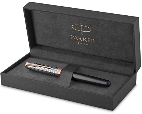 PARKER Sonnet Fountain Pen | Premium Metal and Grey Satin Finish with Rose Gold Trim | Medium 18k Gold Nib with Black Ink Cartridge | Gift Box