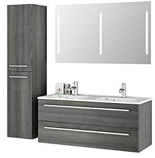 Sieper I Badmöbel Set Libato, Doppelwaschtisch mit Unterschrank 120 x 50 cm, Hochschrank und Badspiegel I Pinie Schwarz