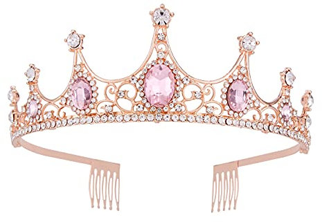 Vofler Roségold Tiara Krone mit rosa Kristall - Barock Vintage Grün Strass Stirnband für Frauen Königin Dame Mädchen Braut Prinzessin Geburtstag Hochzeit Festzug Halloween Kostüm Party mit Kamm