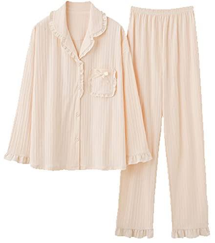 BFSGBFNTMD Pigiama Donna Primavera E Autunno Puro Cotone A Maniche Lunghe Autunno E Inverno Stile Principessa Colletto per Bambole di Moda Cuciture Dolci Tinta Unita Servizio A Domicilio