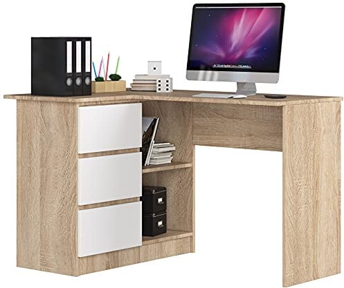 AKORD Eck-Schreibtisch B-16 mit 3 Schubladen und 2 Ablagen | Schreibtisch | ecktisch | Eck Schreibtisch für Home Office | Einfache Montage | B124 x H77 x T85, 48 kg Sonoma Eiche & Weiß Front