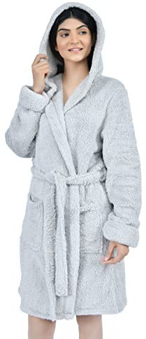 Sleepdown Womens Ladies Teddy Fleece Bath Robe Hooded Fluffy Super Soft Dressing Gown Loungewear Nightwear - Grey - 16-18