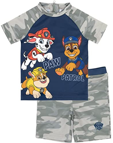 Paw Patrol Swimsuit for Boys | Toddler Children 2 Piece T-Shirt Shorts Blue OR Navy Swimming Costume | Marshall Rubble Chase