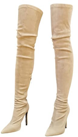 Stivali sexy beige in finta pelle scamosciata a spillo sopra il ginocchio, moda nuovo tacco alto sottile sopra il ginocchio scarpe, Frankie Hsu grandi dimensioni classico designer coscia alti stivali
