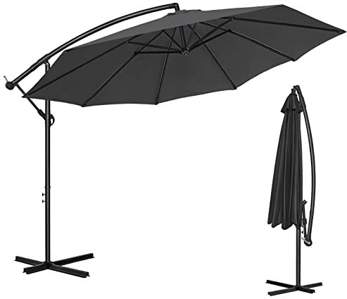 TRMLBE Sonnenschirm 300 cm mit Kurbel Ampelschirm mit LED Beleuchtung Solar mit Ständer Wasserdicht UV-Schutz Marktschirm Gartenschirm Balkonschirm für Terrasse Garten Strand - Dunkelgrau