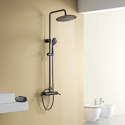 Columna Ducha Negra, YOOZENA Duchas de Baño Columna, Columna ducha con grifo, Ducha lluvia 25 CM, Altura ajustable, Redondo