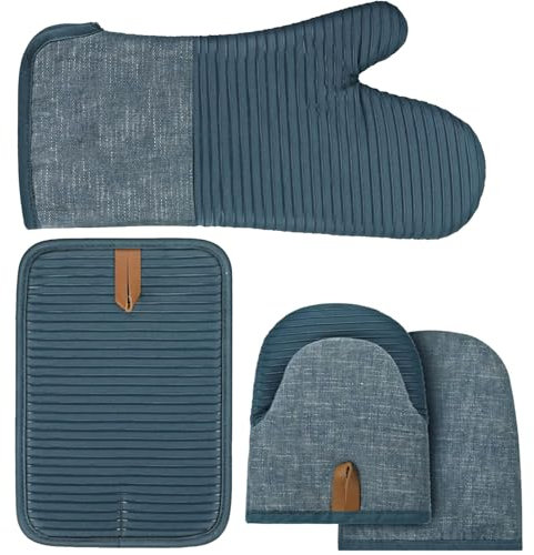 Ofenhandschuhe, 4er Set Topflappen & Ofenhandschuhe, Hitzebeständige Kochhandschuhe Topfhandschuhe und Topflappen Set, Silikon Anti-Rutsch, Geeignet für Kochen Backen Grillen BBQ (Blau)