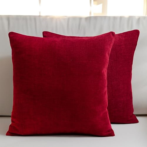 Encasa XO Chenille Kissenbezüge Set von 2 | Scarlet Red - (18x18) (45x45 cm) | Dekorative Akzent Quadratische Wurfkissenbezüge Für Couch, Heimdekoration, Sofa