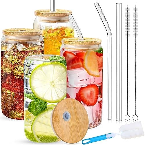MAISITOO Verre Canette avec Couvercle et Paille, 4PCS 600ml/20oz Verre Bubble Tea avec Paille, Réutilisables Tasse à Café Glacé Verres à Bière en Forme de Canette Pour Smoothies,Cola,Jus de Fruits