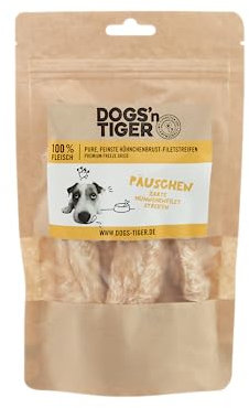 Dogs'n Tiger Adult Hundesnacks, Päuschen, Hundeleckerlis aus 99% Fleisch– artgerechter Hundesnack ohne Zucker, Getreide & künstliche Aromen – gut verträglich (gefriergetrocknete Hühnchenbrust, 4X 80g