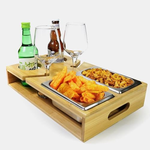 Bandeja Bambu, Bandeja Sofa Soporte para Copa de Vino, Bandejas para Servir Comida 2 Tazones para Refrigerios Acero Inoxidable, Cuencos Aperitivos Adecuado para Sala de Estar Sofá Restaurante Picnic