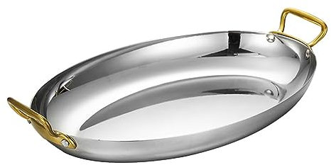 Paellera Española Ovalada De 4 Tamaños con Asas Dobles Remachadas, Paella De Mariscos De Acero Inoxidable Sartenes Antiadherentes para Acampar Y Reunirse, Plata, 25,5 Cm