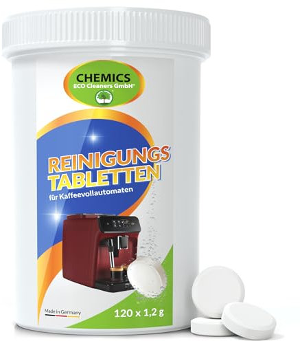 CHEMICS Kaffeemaschinenreiniger Tabletten - Für Kaffeevollautomaten aller Marken - Entfernung von Kaffeeöl und Gerbstoffen - Schnelllösend - Für Melitta, Bosch, Jura, Siemens (120 x 1,2 g Ø 15 mm)