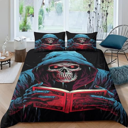 BARDYS Skeleton Duvet Cover with Pillowcaser Kids 3D Printed Bedding Gothic Comforter Cover Soft Microfiber Quilt Cover for Girls, Boys Bedding Set，with Zipper Closure King（220x240cm）