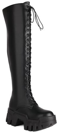 LeaHy Stivali Alti al Ginocchio Donna Autunno e Inverno con Plateau con Zeppa Stringati in Stivaletti Punk Gotico Biker Militare Anfibi Combat Stivali,Black pu,44 EU
