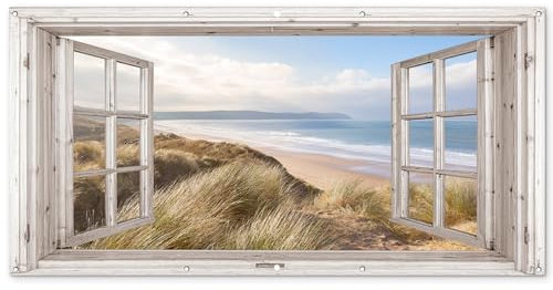 MuchoWow© Gartenposter Groß 200x100 cm XXL Outdoor Bilder Gartendeko für draußen Wetterfest Garten Deko Banner Sichtschutzmatte Draußen Bild Fensterblick - Strand - Meer - Dünen - Strandhafer - Sand -