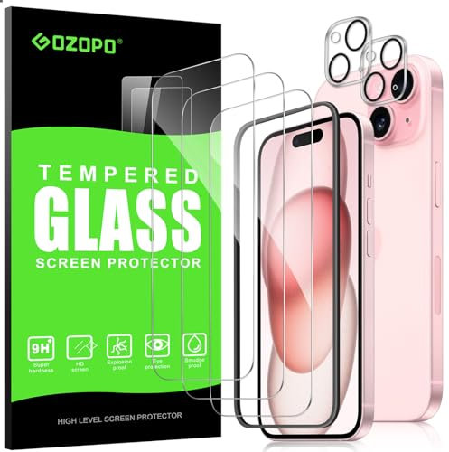 GOZOPO Schutzfolie für iPhone 15, 3 Stücke Schutzfolie Mit 2 Stück Kameraschutz und Positionierhilfe, Hochauflösende Transparenz, 9H Härte, Anti-Kratz, keine Blasen