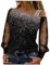 Women Black Long Shirts Shiny Sequin Shirts Glitter Sexy Graphic Tees Mesh Tops Print T-Shirt Casual Cold Loose Long Sleeve Tops Fashion Off Shoulder Party Blouse (M)