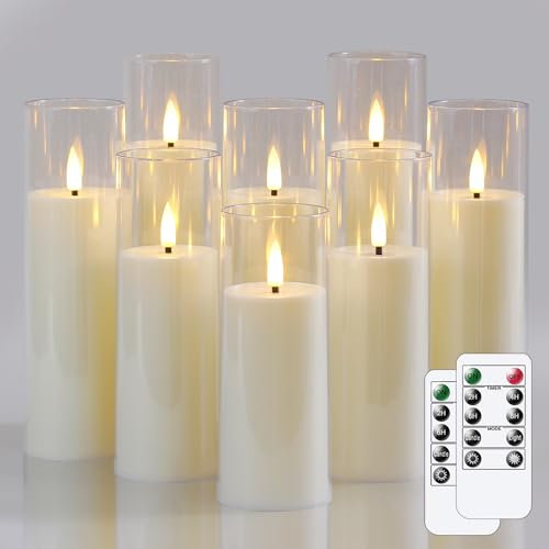Wroxipel Packung mit 8 flammenlos flackernden 5,5cm x12,5 15 15 17,5 17,5 17,5 20 20cm Elfenbeinfarbene LED-Kerzen aus Kunststoff mit Fernbedienung, batteriebetriebene Kerzen mit Timerfunktion