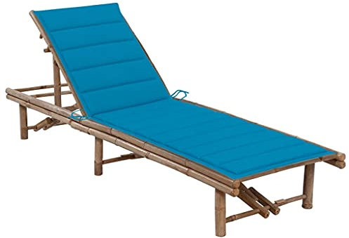 Higsose Liegestuhl Garten mit Auflage Bambus 200x65x87cm Blau Relaxliege Balkon Liege Rückenlehne in 3 Stufen Verstellbar Outdoor Entspannen Sonnenliege Robust und Leicht zu Reinigen