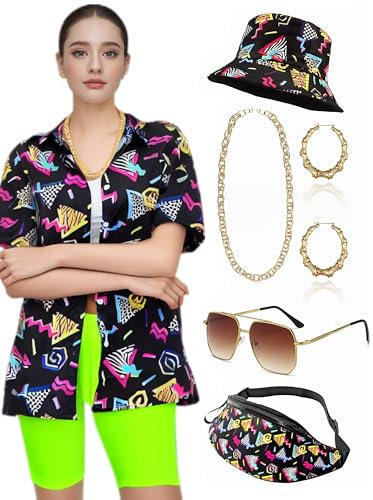 Ginkago 80er 90er Jahre Kostüm Damen 80er Jahre Outfit Set mit Hawaii Shirt 80s Leggings Retro Fischerhüte Gläser Ohrringe Halskette Bauchtasche karneval Party Kostüm (Schwarz, L)