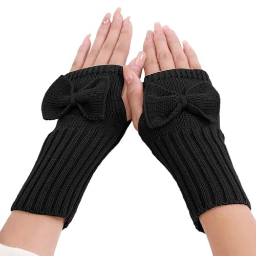 Generisch Kurze Schleife Handschuhe und Winter Damen süße Handgelenk gestrickte Wolle warme fingerlose Handschuhe Busenfrei Latex Top (Black, One Size)