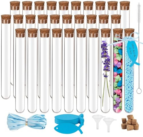 CYIOU 30 Stück Reagenzgläser mit Korken 20 x 150 mm Kunststoff Reagenzglas mit 35 pcs Kartenanhänger, 10m Band, 2 pcs Trichter Reagenzgläser Kunststoff Transparent für Hochzeiten Taufe Geburtstag