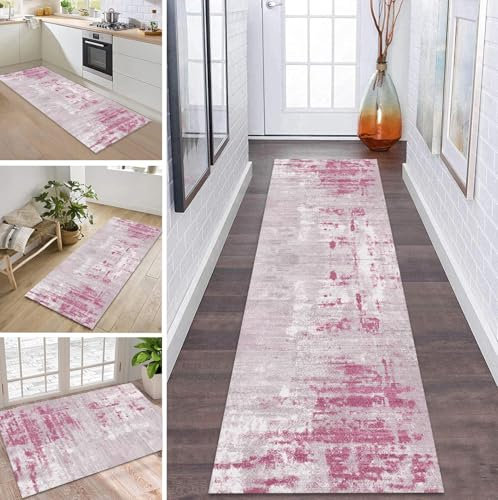 Tappeto a passatoia lungo per cucina e corridoio, antiscivolo, lavabile, al metro, per camera da letto, soggiorno, sala da pranzo, cucina, 60 x 160 cm, colore grigio e rosa