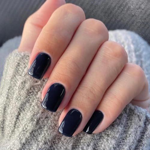 SXVME Navy Blue Press on Nails Short Square Acrylic Short False Nails Coffin Natural Acrylic Fake Nails Set Elegant Solid Color Full Cover Glossy Gel Stick on Nail for Women Daily Wear 24 Pcs