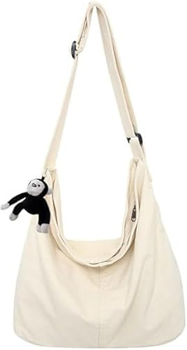 Jnidesier Canvas Hobo Umhängetasche mit Gorilla-Anhänger – Große Messenger-Tasche für Damen & Herren, passend für 15,6-Zoll-Laptops Beige
