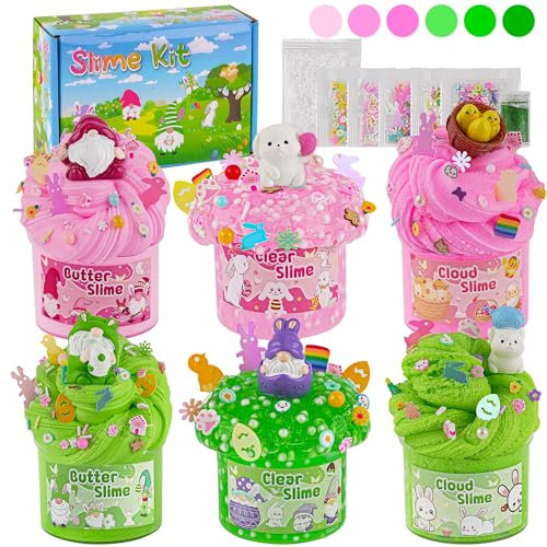 LAWOHO 6 Hase Slime Set - Wolkenschleim, Butterschleim & Clear Schleim für Kinder, Fluffy Slime mit Ostern Schleim Add-ins, 360ml Blau & Grün KinderSchleim Kits für Mädchen & Jungen Weihnachtstag