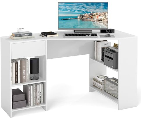 COSTWAY L-förmiger Schreibtisch, Eckschreibtisch mit Schublade & Regalen, moderner Computertisch, Ecktisch für Home Office, weiß