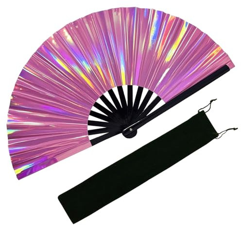 EOSAU Large Holographic Rave Fan Folding Hand Fans for Line Dancing Portable Handheld Clack Fan for Festival EDM Party Music Outfit Accessories (Holographic Pink)