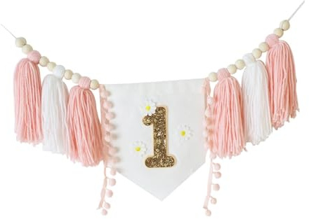 Sharplace 1. Geburtstag Banner Baby 1. Geburtstag Dekoration Banner, Holzperlen Quasten Geburtstagsbanner, Lange Hintergrund Banner für Kleinkinder Jungen Mädchen, Hochstuhl Banner für Party, Stil b