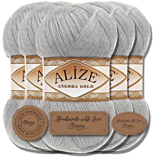Hobby YARN 3x Etikettenlabel mit Alize Angora Gold Wolle Premium 5x100g als Set, Yarn, Garn, Dünne Mohair aus Schurwolle, Uni, Einfarbig, Strickgarn (Grey - 21)