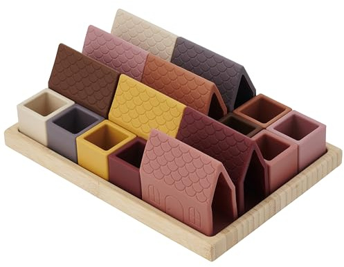 tickit SiliSoft Village Blocks – 16-teiliges Robustes Silikon- und Naturbambus-Bauset mit Hausblöcken und offenen Würfeln für fantasievolles, kreatives Bauen und sensorisches Spiel, Earth