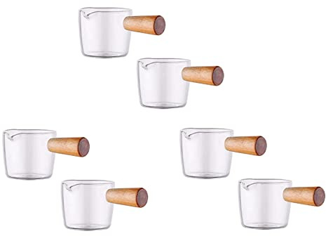 VIOPDER 6PCS Transparent Glass Creamer with Wooden Handle, Mini Coffee Milk Creamer Pitcher. 50Ml