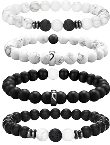 ZENGSING Perlenarmband Herren 4 Stücke 8 mm Perlenarmbänder Set Armbänder für Herren Set Partner Geschenke für Beide Naturstein Stretch-Armbänder Herren Schwarzes Kristall-Perlenarmband