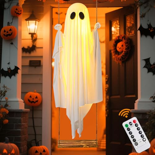 Halloween Deko Geist, Halloween Hängende Geister Schaukel mit Licht und Timer Fernbedienung, Leuchtende Geist mit Holzschaukel, Led Gespenst für Helloween Deko Innen Außen Garten Vorhof Party