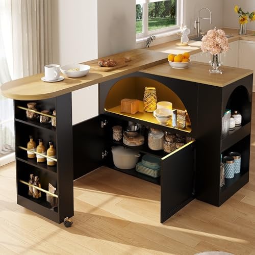 Gxffipw Ausziehbarer Bartisch Küchenschrank Höhe 100 cm mit Gewölbtes Türdesign und LED Licht, Kücheninsel Sideboard mit Stauraum, Buffetschrank Bistrotisch Barschrank für Küche und Esszimmer, Schwarz