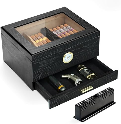 Slege Humidor de Puros, Humidor Puros Cubanos, Humidor con Cajón y Tapa de Cristal, Estuche Puros de Cedro Español, Humidificador, Divisor, Higrómetro, Regalo Hombres, Accesorios Puros