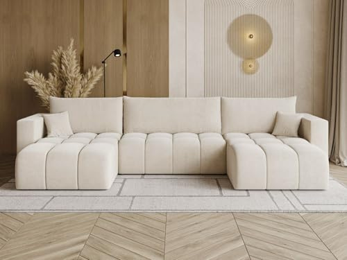 GRAINGOLD Neva U Ecksofa mit Schlaffunktion & Bettkasten 370x170 cm, U-Form Sofa mit Stauraum, Schlafcouch für Wohnzimmer, Velvet-Stoff, 5-Sitzer Wohnlandschaft, Modernes Design (Beige)