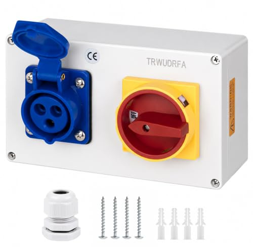 TRWUDRFA Prise Murale industrielle CEE 3P 230V 16A - Distributeur de Courant avec interrupteur principal à came verrouillable 0-1 (20A) - Boîtier de Distribution pour chantier, garage et industrie