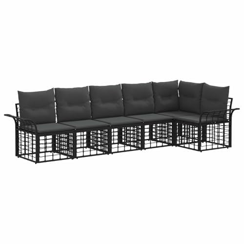vidaXL Outdoor-Sofagarnitur 6 pcs Schwarz und Dunkelgrau Polyester, Verstellbare Fußpolster, modernes, wetterfestes Sofaset für den Garten, modulare Sitzgruppe für die Terrasse